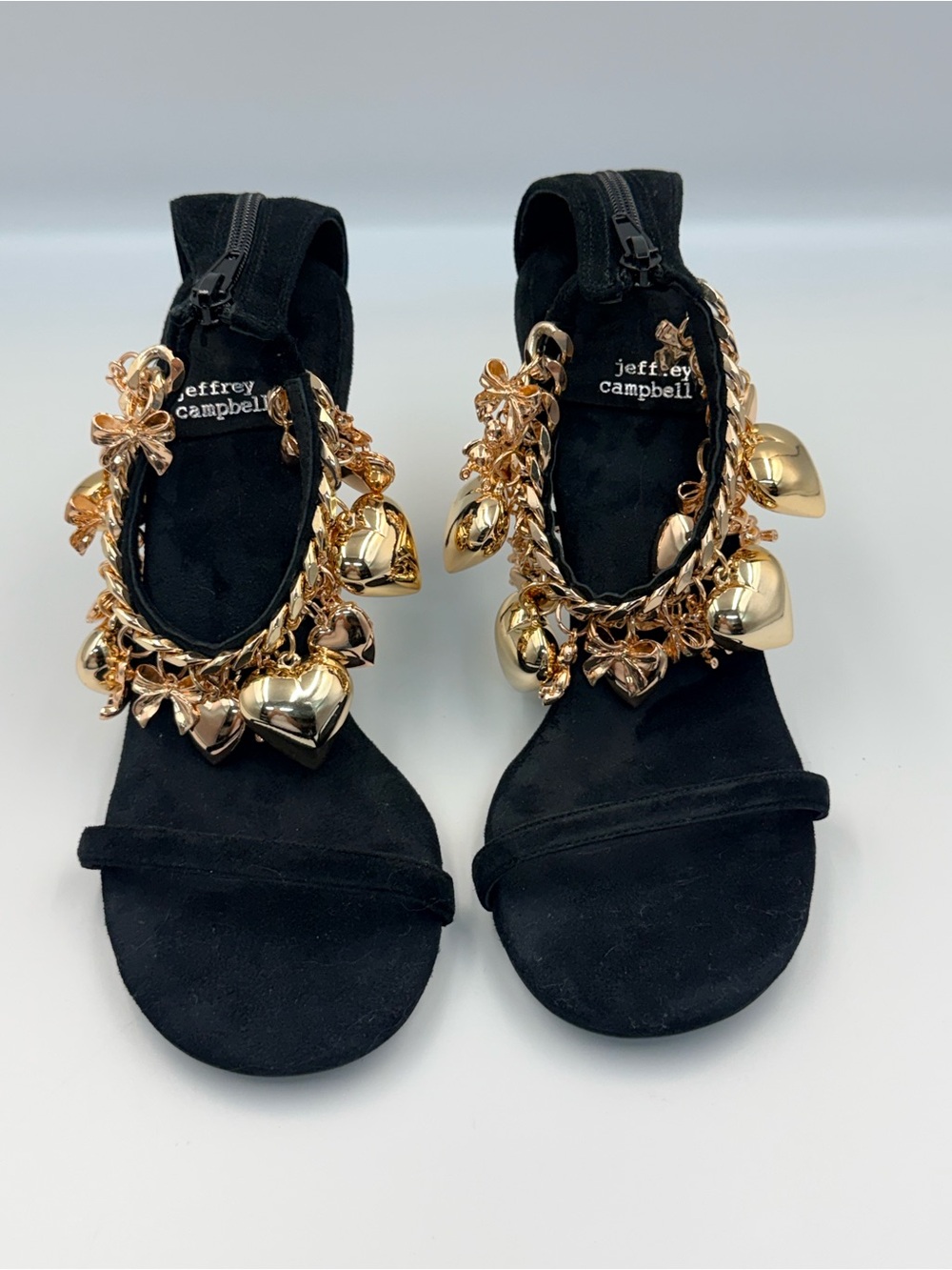 Jeffrey Campbell Black Suede Sandals with Gold Heart Charms